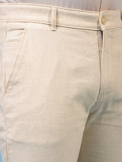 Men's Cream Textured Linen Trousers-Men Trousers-Crimsoune Club