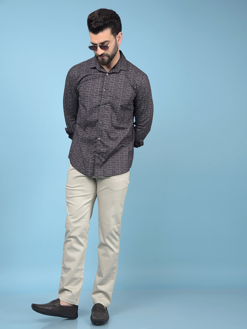 Beige Printed Trousers-Men Trousers-Crimsoune Club