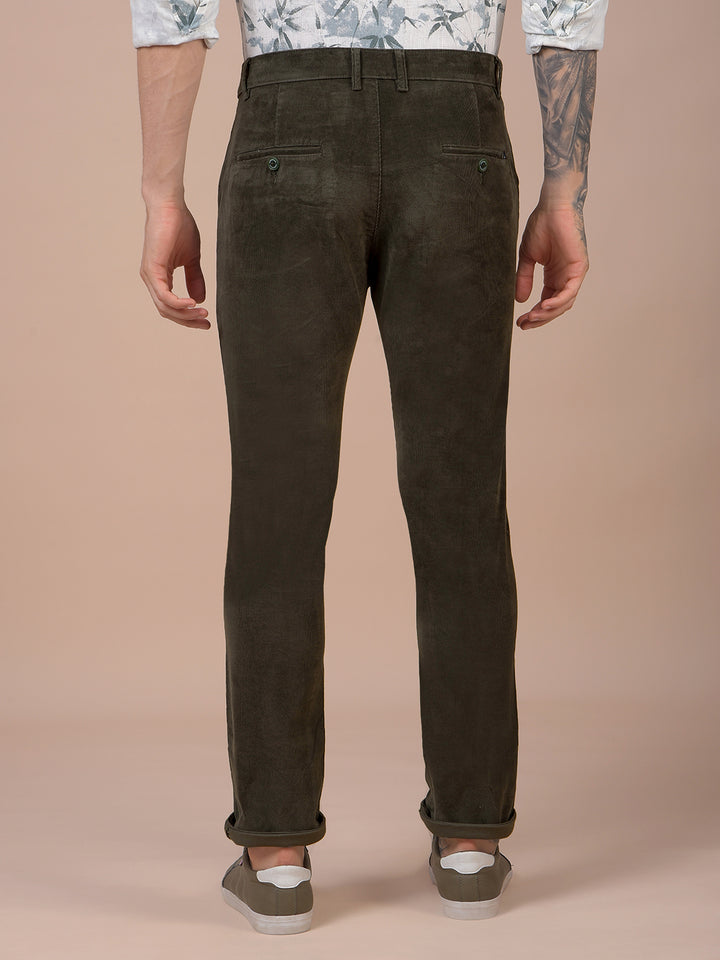 Olive Printed Corduroy Trousers-Men Trousers-Crimsoune Club