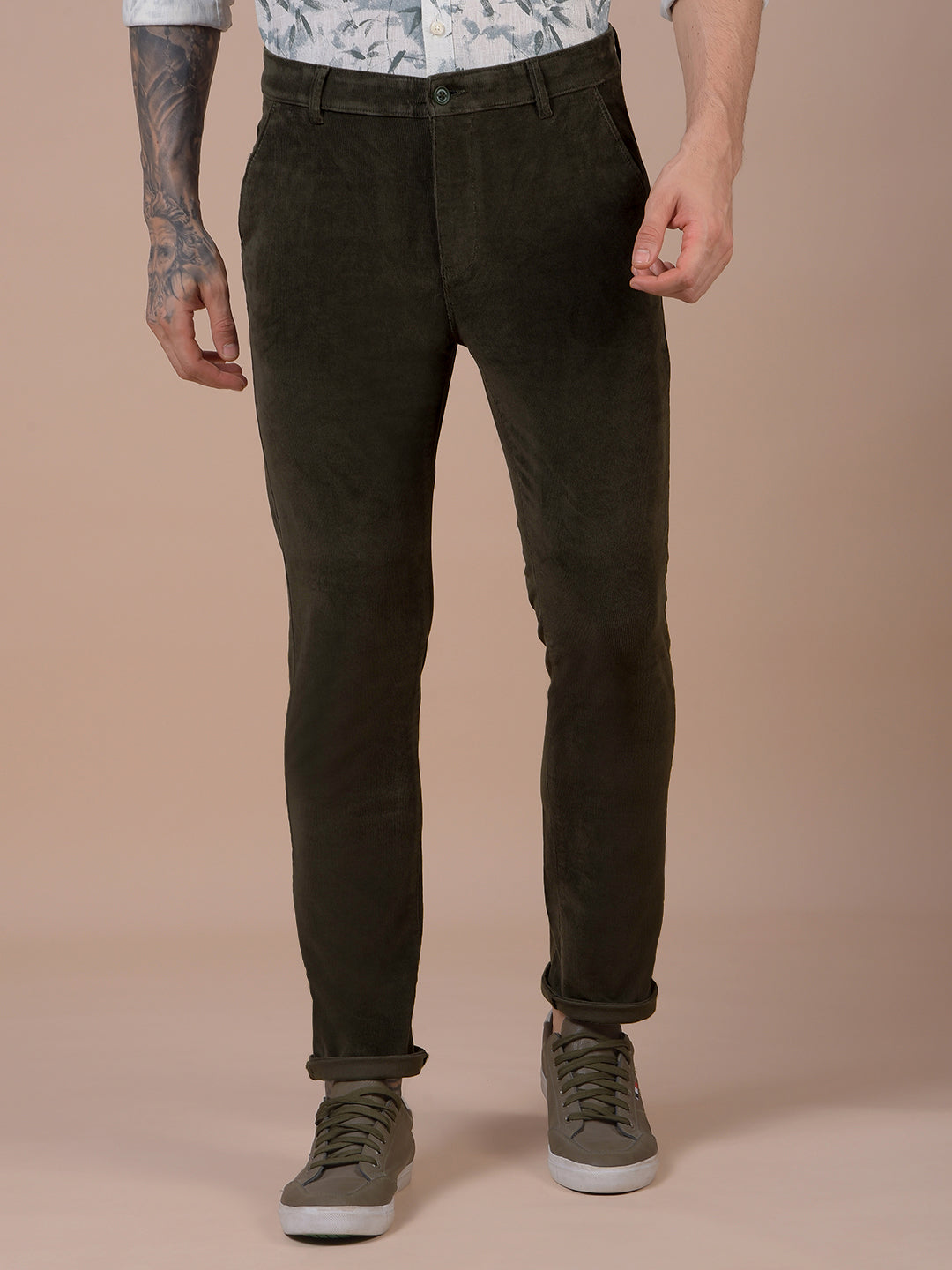 Olive Printed Corduroy Trousers-Men Trousers-Crimsoune Club