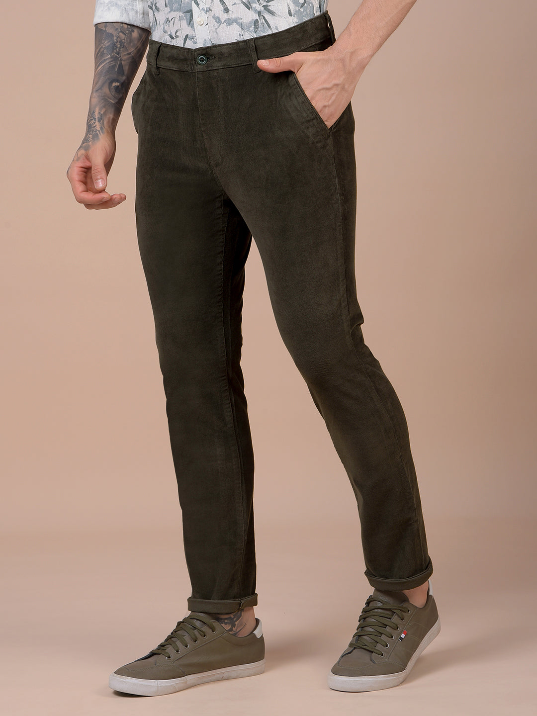 Olive Printed Corduroy Trousers-Men Trousers-Crimsoune Club