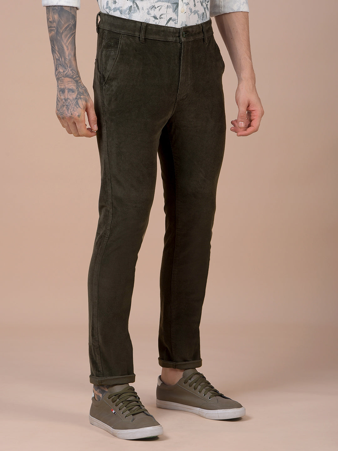 Olive Printed Corduroy Trousers-Men Trousers-Crimsoune Club