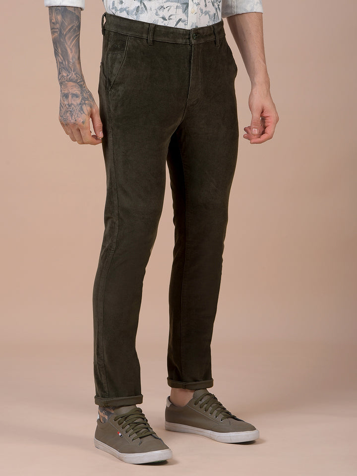 Olive Printed Corduroy Trousers-Men Trousers-Crimsoune Club
