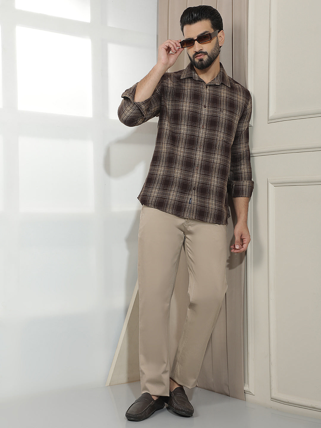 Khaki Dobby Straight Trousers-Men Trousers-Crimsoune Club