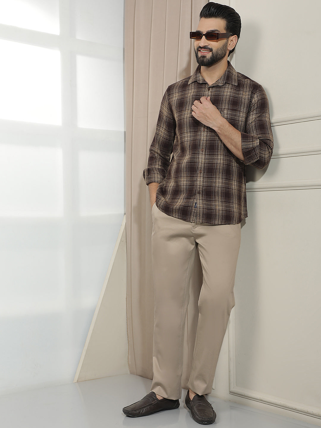 Khaki Dobby Straight Trousers-Men Trousers-Crimsoune Club
