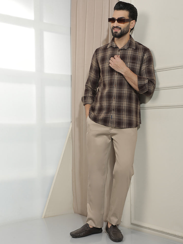 Khaki Dobby Straight Trousers-Men Trousers-Crimsoune Club