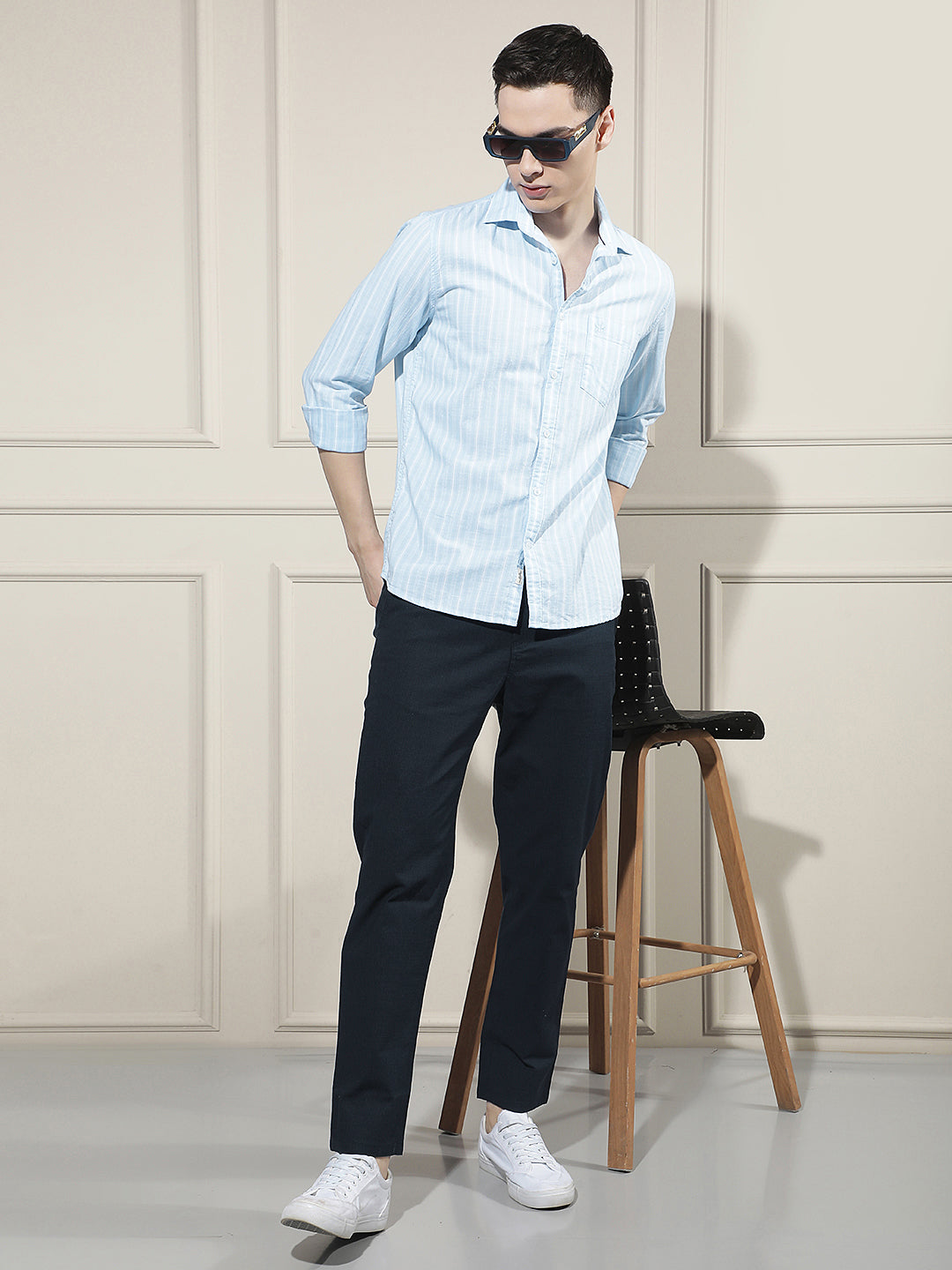 Navy Blue Vertical Stripes Trousers-Men Trousers-Crimsoune Club