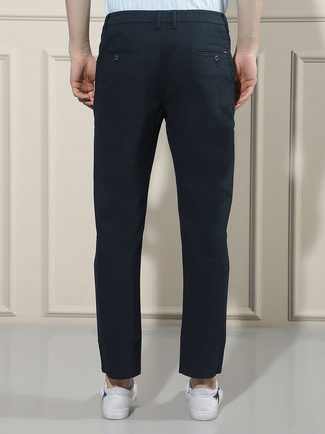 Navy Blue Vertical Stripes Trousers-Men Trousers-Crimsoune Club