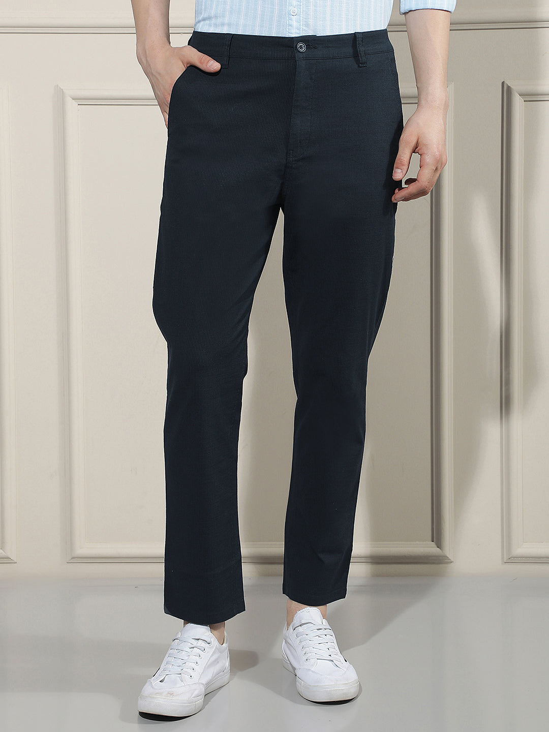 Navy Blue Vertical Stripes Trousers-Men Trousers-Crimsoune Club
