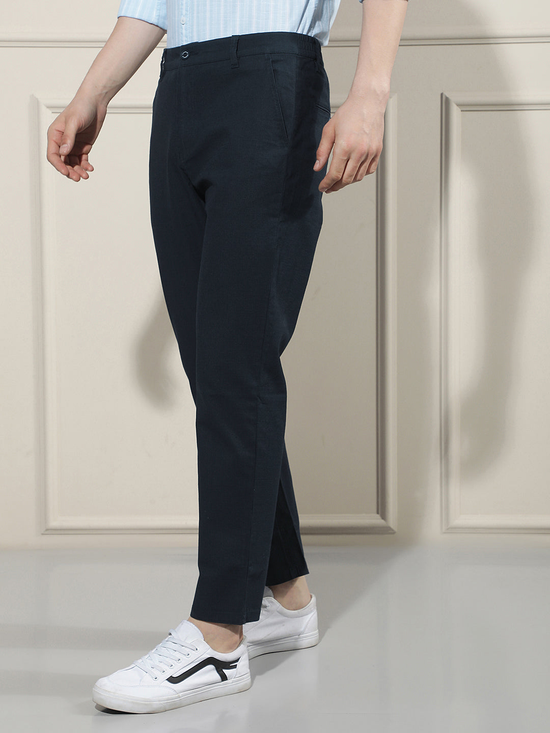 Navy Blue Vertical Stripes Trousers-Men Trousers-Crimsoune Club