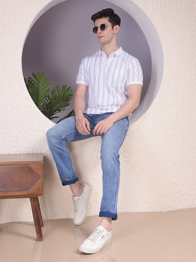 White Vertical Stripes Polo Neck T-Shirt-Men T-Shirts-Crimsoune Club