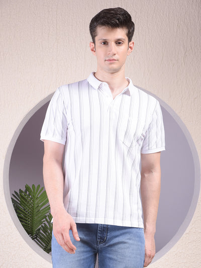 White Vertical Stripes Polo Neck T-Shirt-Men T-Shirts-Crimsoune Club