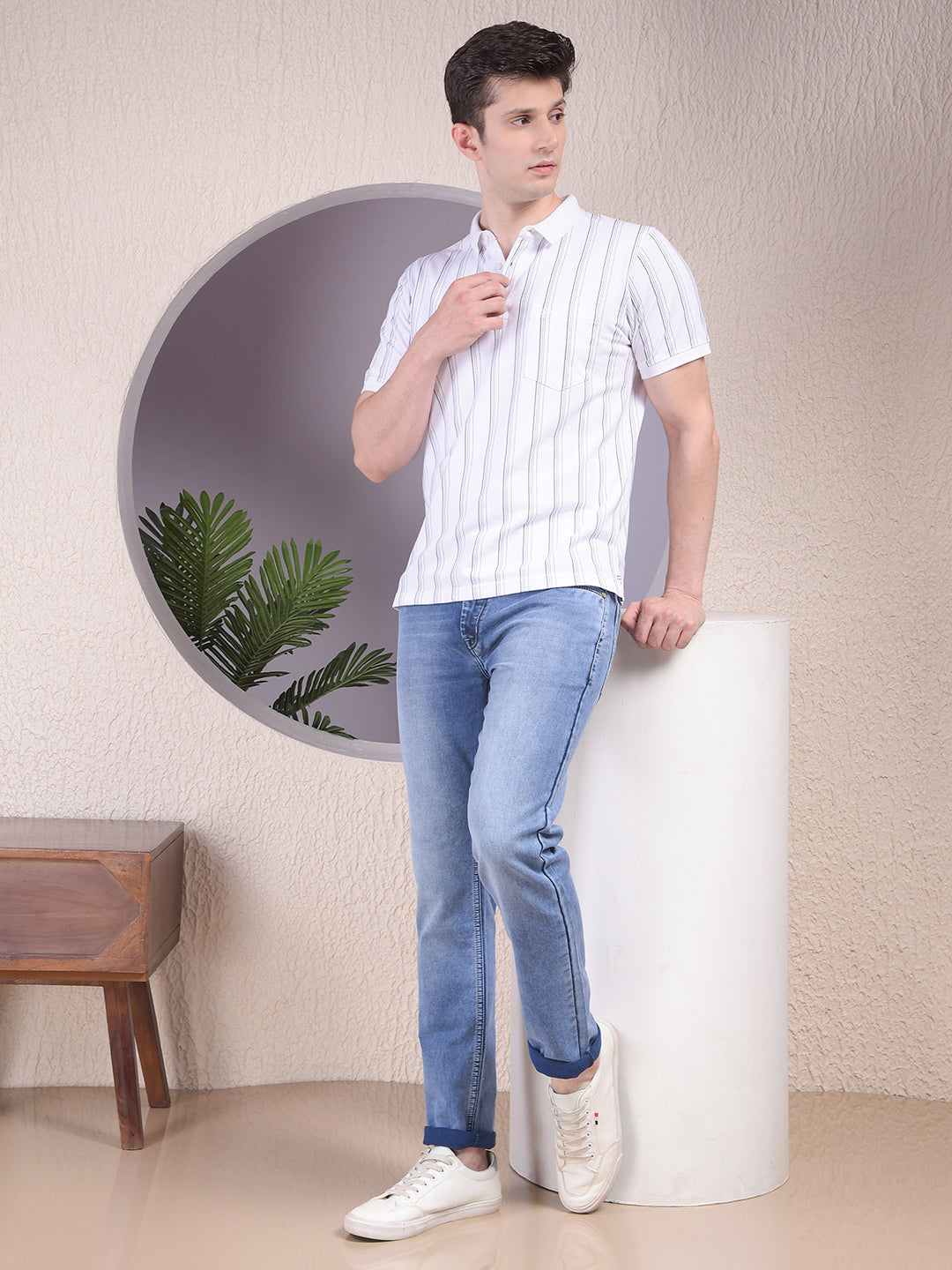 White Vertical Stripes Polo Neck T-Shirt-Men T-Shirts-Crimsoune Club