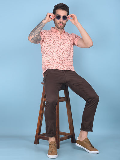 Peach Floral Print Cotton T-Shirt-Men T-shirts-Crimsoune Club