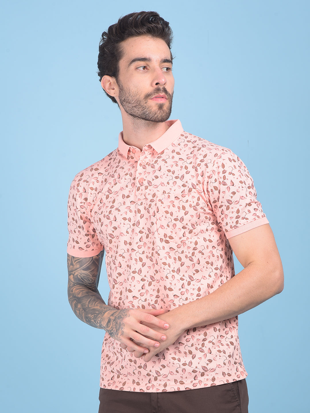 Peach Floral Print Cotton T-Shirt-Men T-shirts-Crimsoune Club