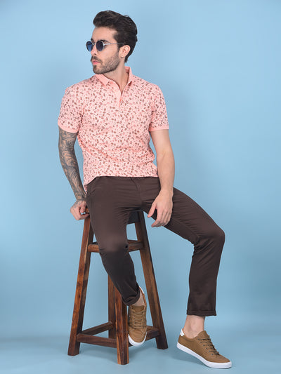 Peach Floral Print Cotton T-Shirt-Men T-shirts-Crimsoune Club
