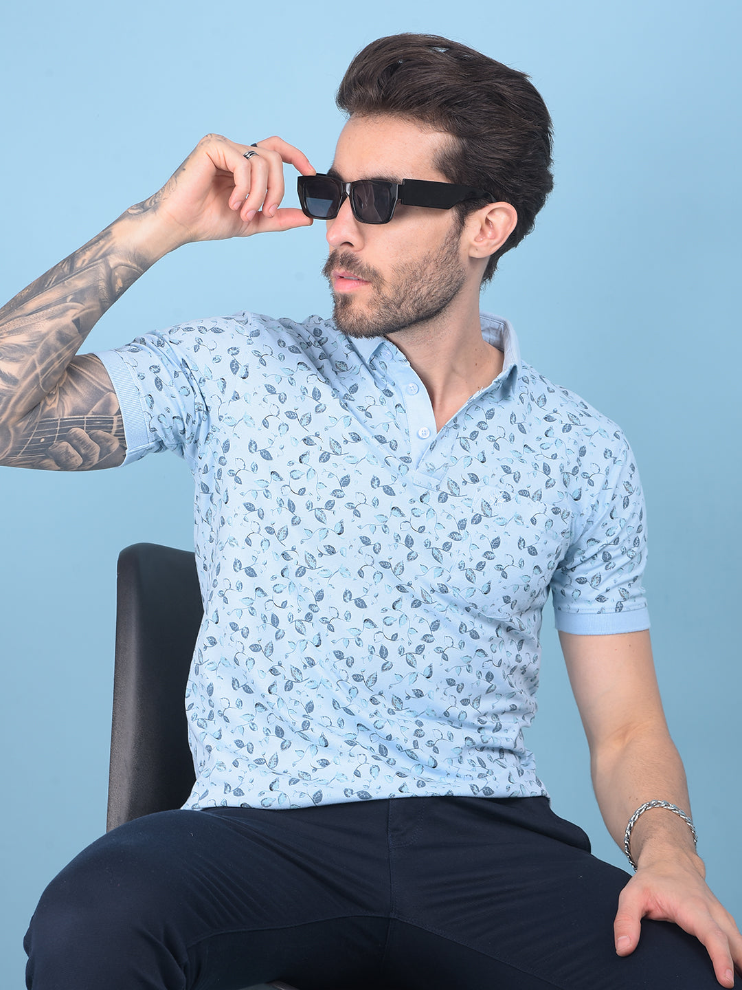 Blue Floral Print Cotton T-Shirt-Men T-shirts-Crimsoune Club