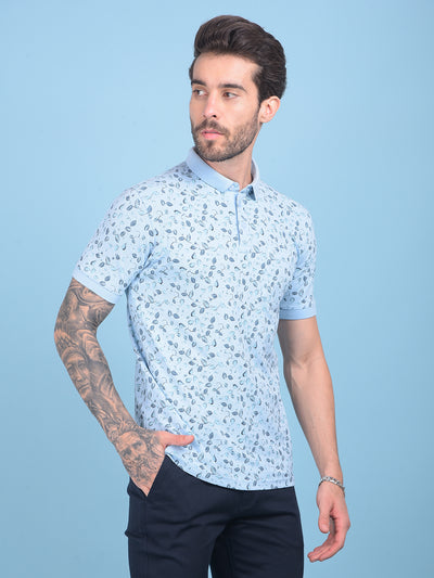 Blue Floral Print Cotton T-Shirt-Men T-shirts-Crimsoune Club