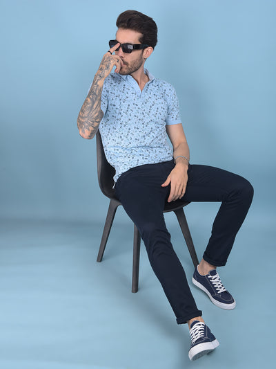 Blue Floral Print Cotton T-Shirt-Men T-shirts-Crimsoune Club