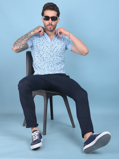 Blue Floral Print Cotton T-Shirt-Men T-shirts-Crimsoune Club