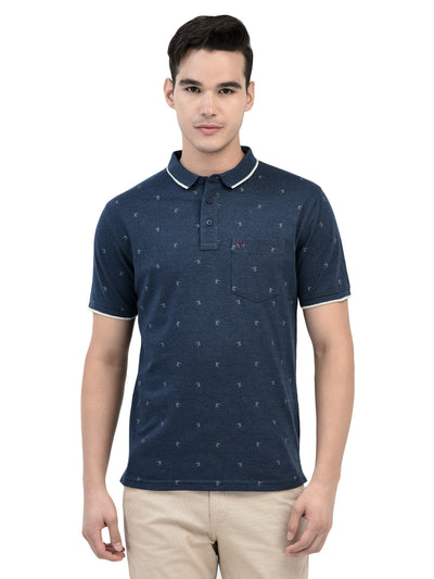 Navy Blue Printed Polo T-shirt-Men T-shirts-Crimsoune Club