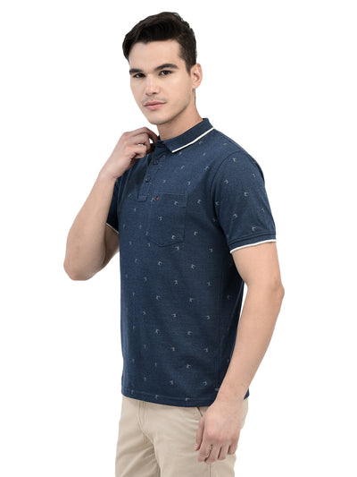 Navy Blue Printed Polo T-shirt-Men T-shirts-Crimsoune Club