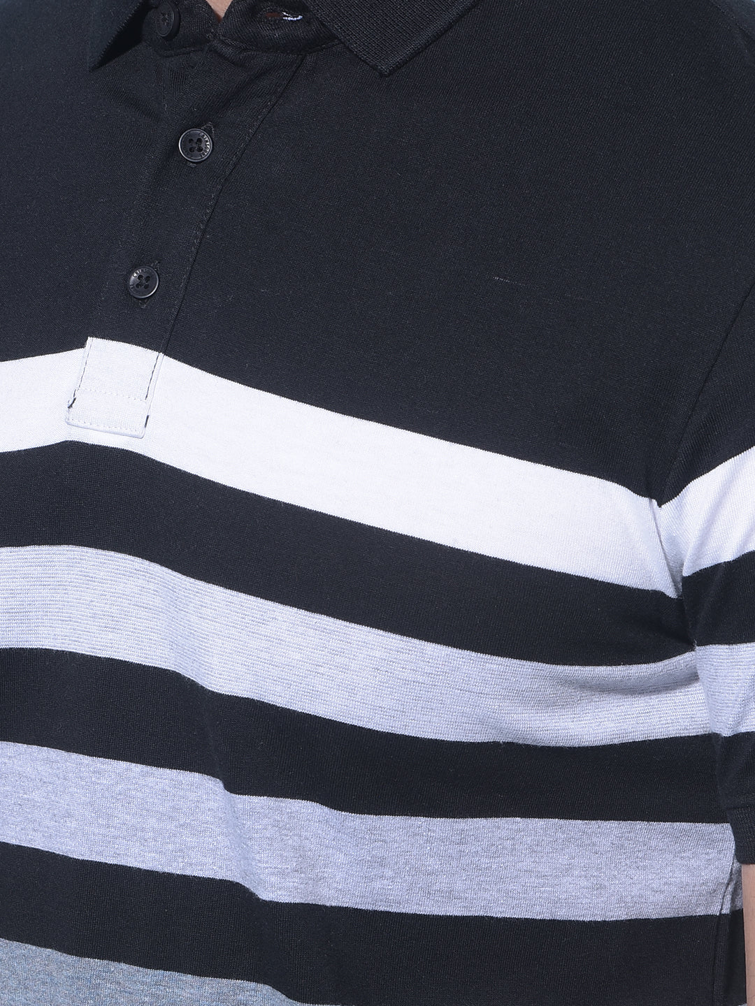 Black Horizontal Striped Polo T-Shirt-Men T-Shirts-Crimsoune Club