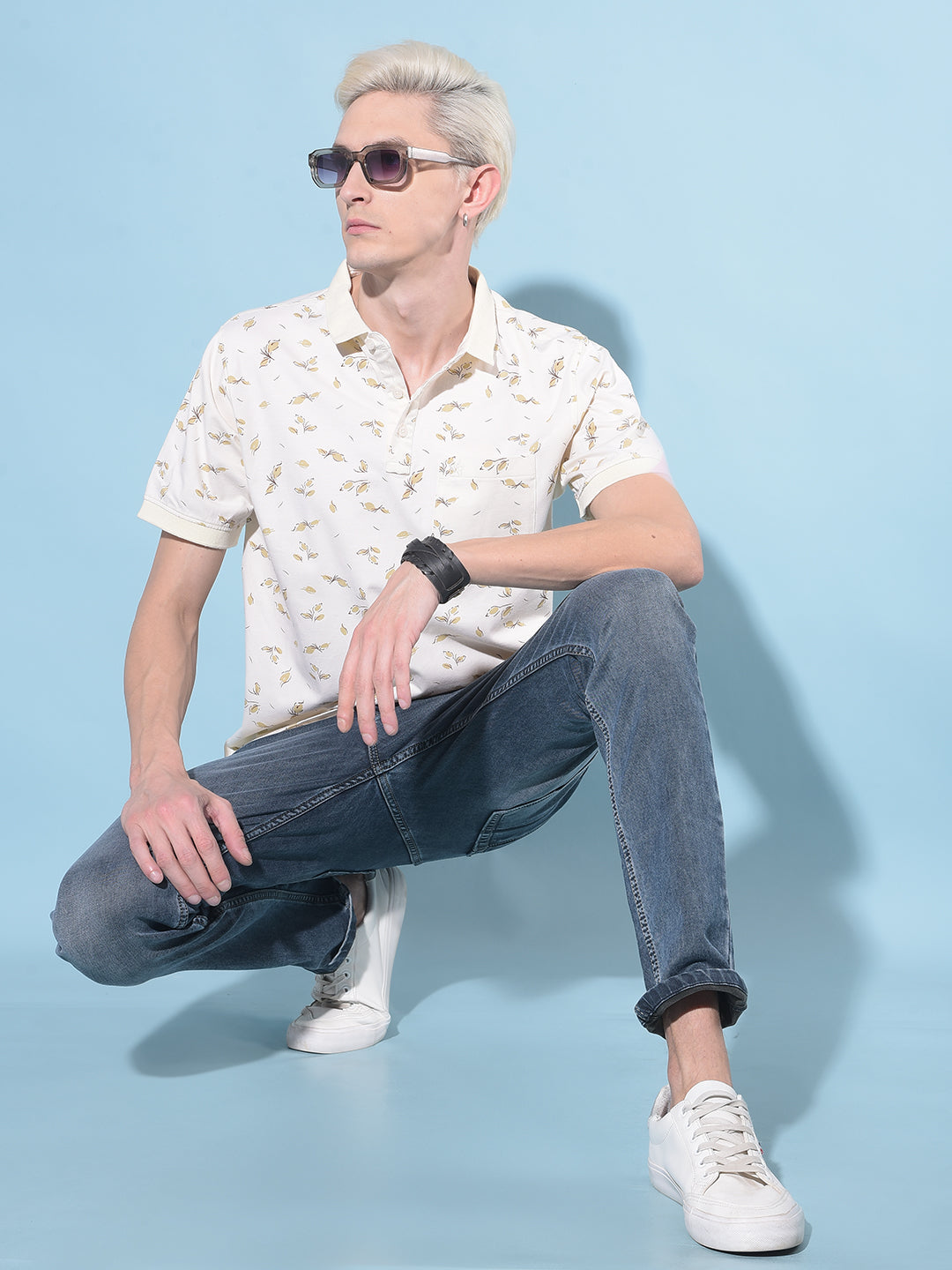 Beige Floral Print Polo T-Shirt-Men T-Shirts-Crimsoune Club