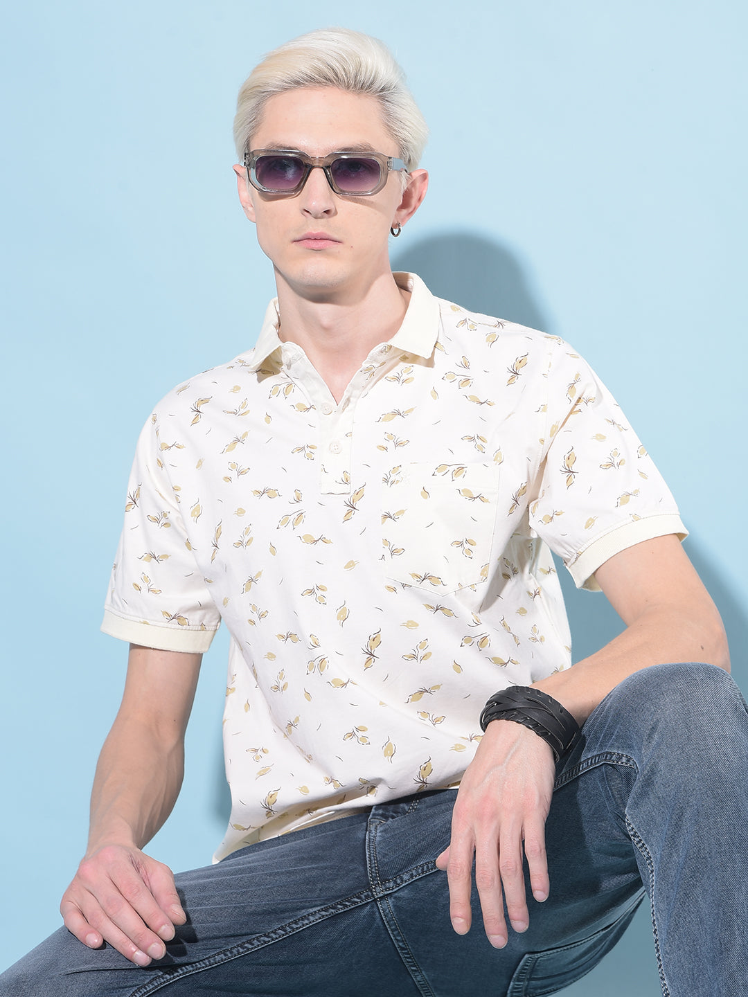 Beige Floral Print Polo T-Shirt-Men T-Shirts-Crimsoune Club