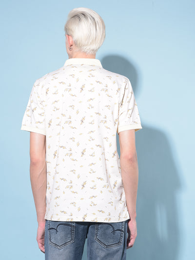 Beige Floral Print Polo T-Shirt-Men T-Shirts-Crimsoune Club