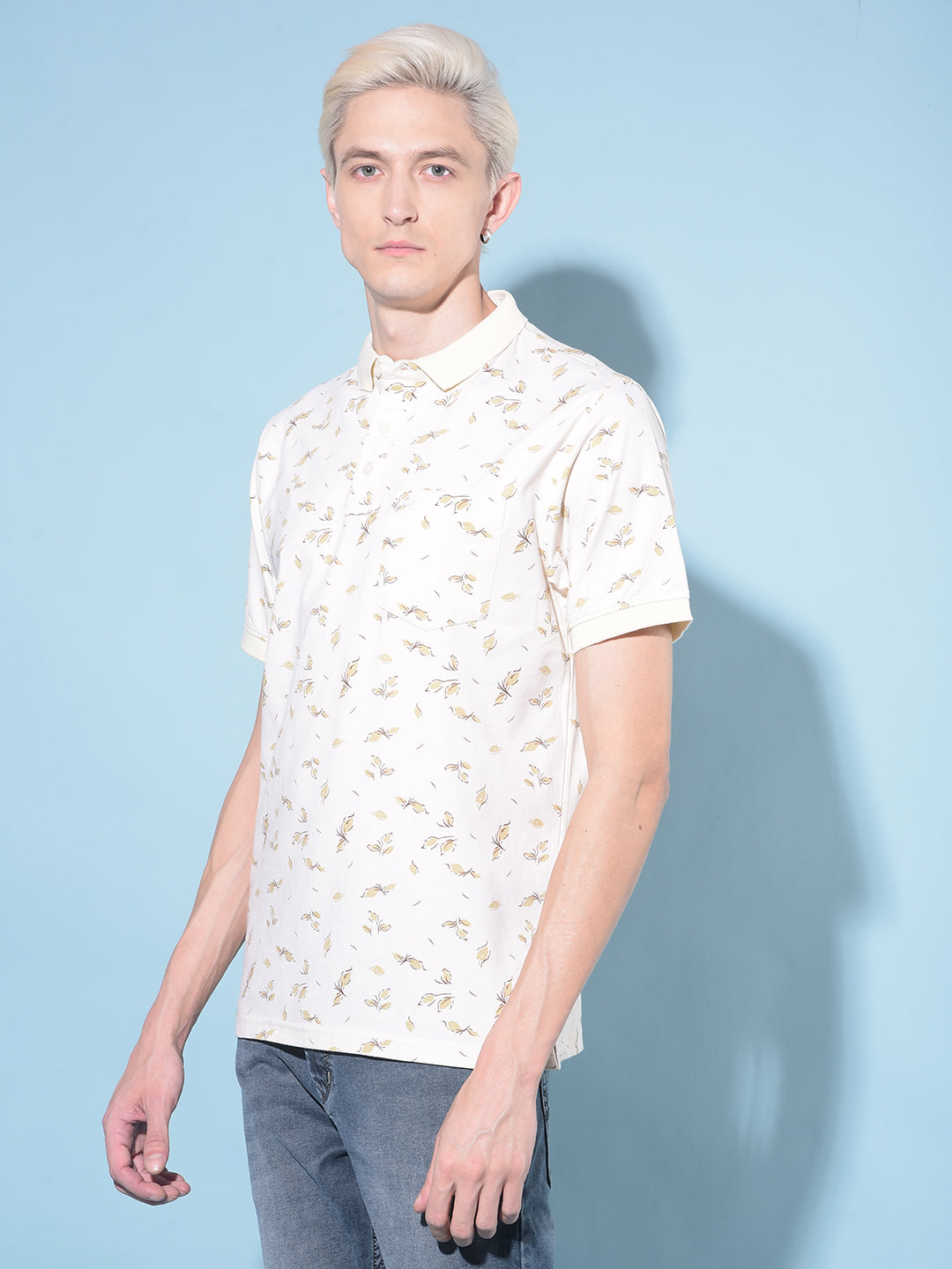 Beige Floral Print Polo T-Shirt-Men T-Shirts-Crimsoune Club