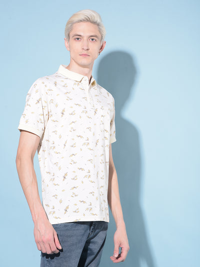 Beige Floral Print Polo T-Shirt-Men T-Shirts-Crimsoune Club