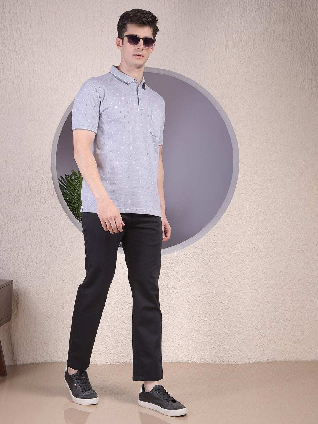 Grey Printed Polo Neck T-Shirt-Men T-Shirts-Crimsoune Club
