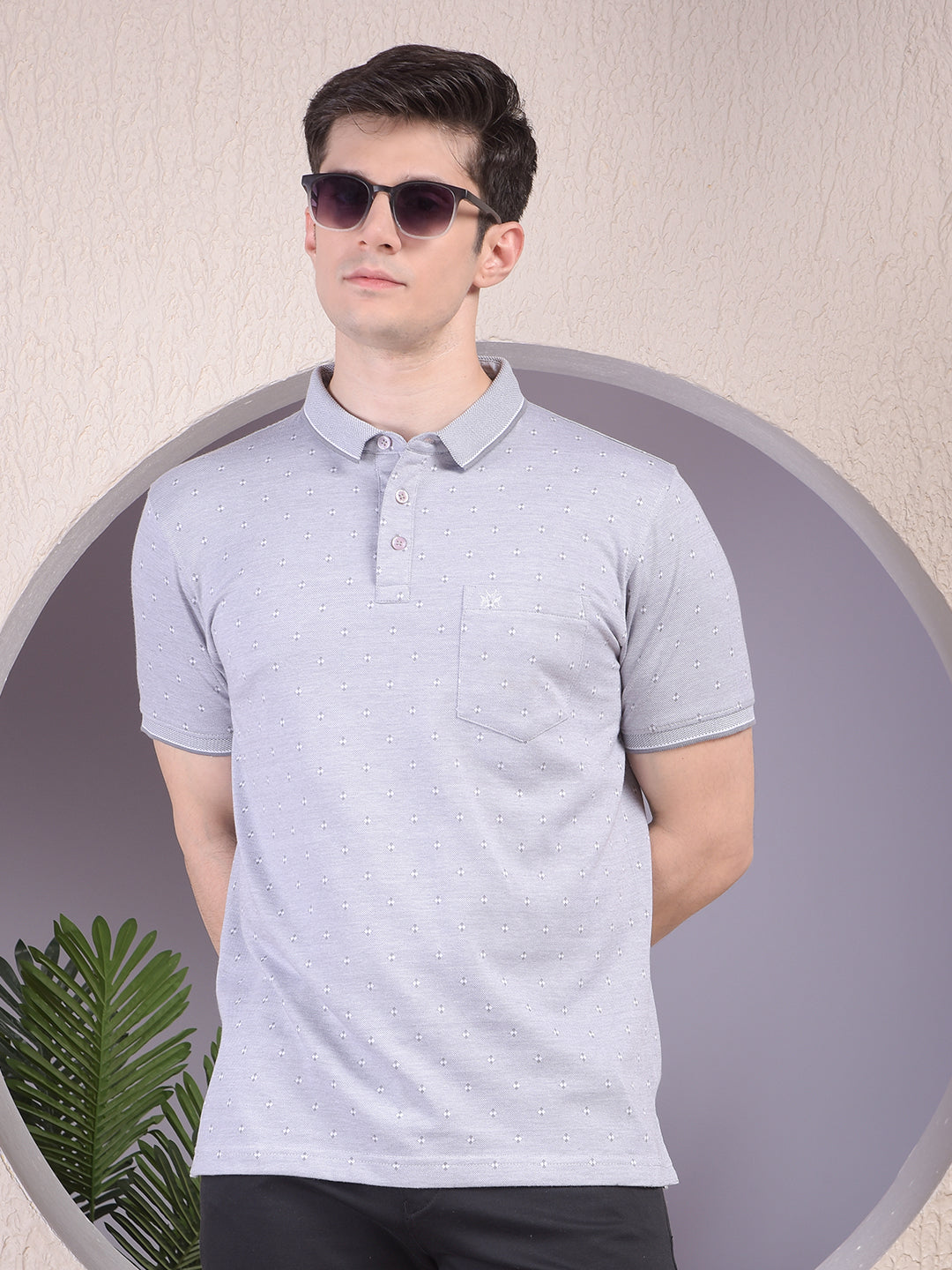Grey Printed Polo Neck T-Shirt-Men T-Shirts-Crimsoune Club