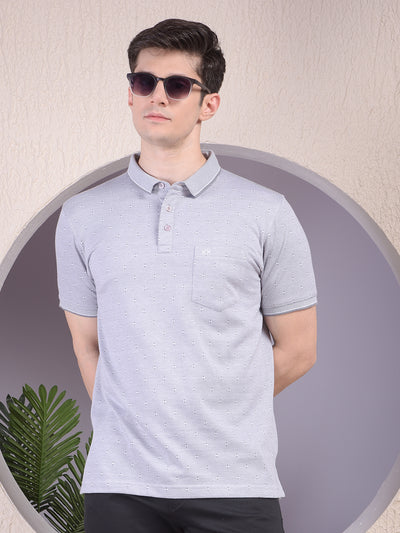 Grey Printed Polo Neck T-Shirt-Men T-Shirts-Crimsoune Club
