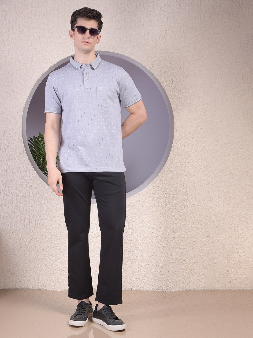 Grey Printed Polo Neck T-Shirt-Men T-Shirts-Crimsoune Club