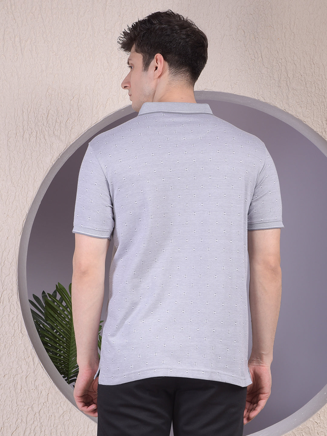 Grey Printed Polo Neck T-Shirt-Men T-Shirts-Crimsoune Club