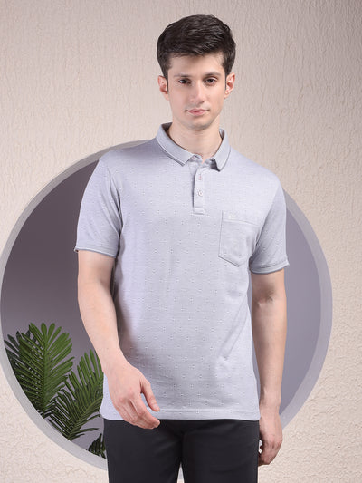 Grey Printed Polo Neck T-Shirt-Men T-Shirts-Crimsoune Club