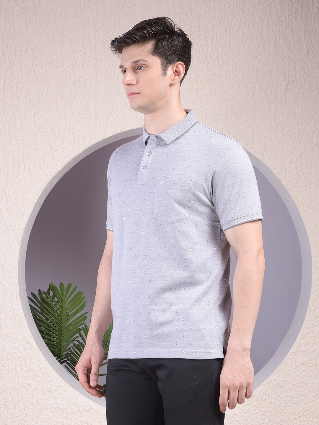 Grey Printed Polo Neck T-Shirt-Men T-Shirts-Crimsoune Club