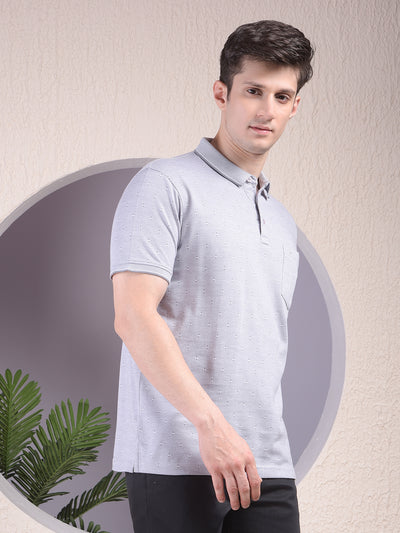 Grey Printed Polo Neck T-Shirt-Men T-Shirts-Crimsoune Club
