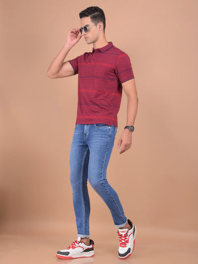 Red Horizontal Striped Polo T-Shirt-Men T-Shirts-Crimsoune Club
