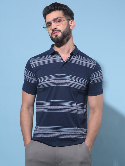 Navy Blue Horizontal Striped Cotton Polo T-Shirt-Men T-Shirts-Crimsoune Club