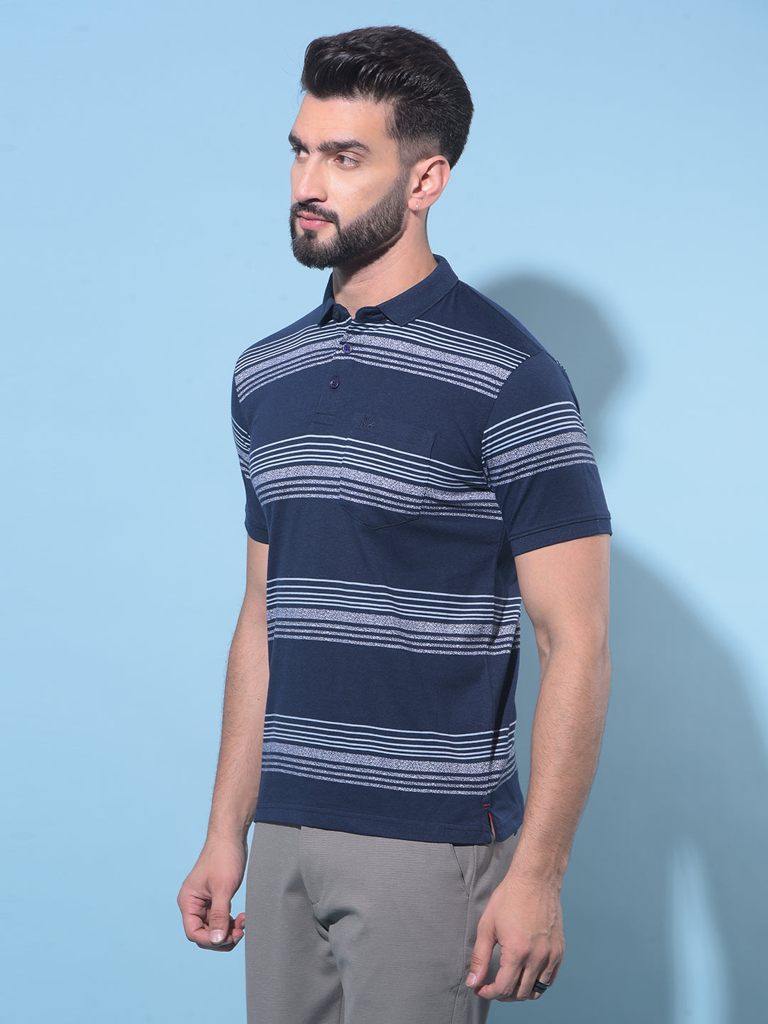 Navy Blue Horizontal Striped Cotton Polo T-Shirt-Men T-Shirts-Crimsoune Club