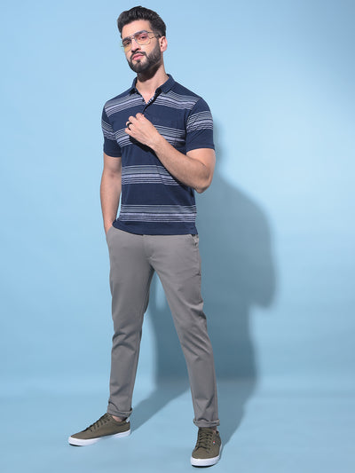 Navy Blue Horizontal Striped Cotton Polo T-Shirt-Men T-Shirts-Crimsoune Club