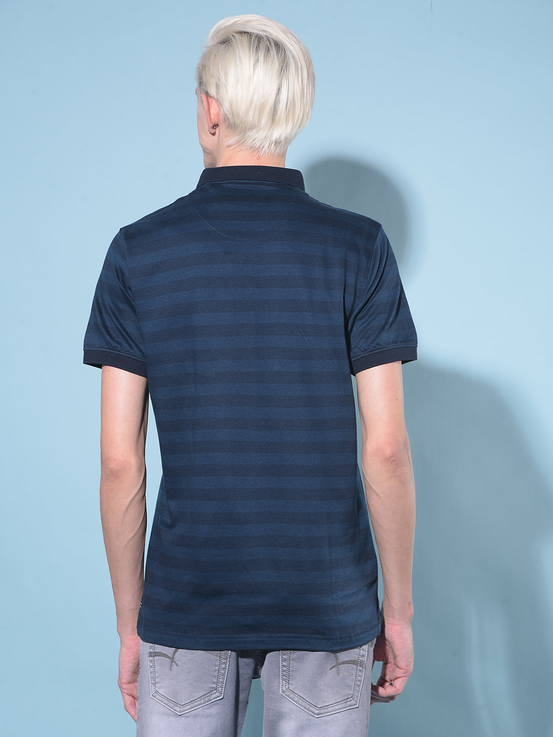 Navy Blue Horizontal Striped 100% Cotton Polo T-Shirt-Men T-Shirts-Crimsoune Club