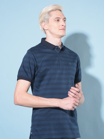 Navy Blue Horizontal Striped 100% Cotton Polo T-Shirt-Men T-Shirts-Crimsoune Club