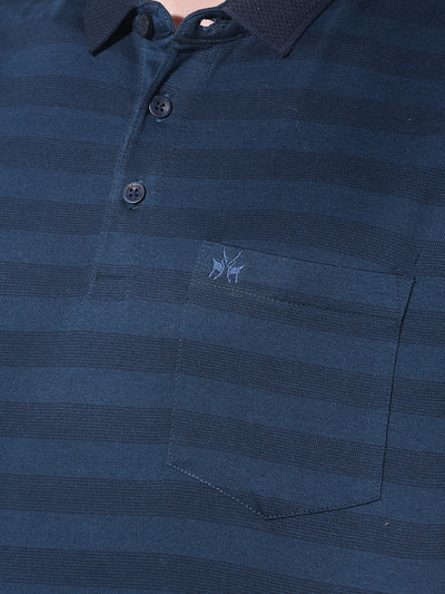Navy Blue Horizontal Striped 100% Cotton Polo T-Shirt-Men T-Shirts-Crimsoune Club