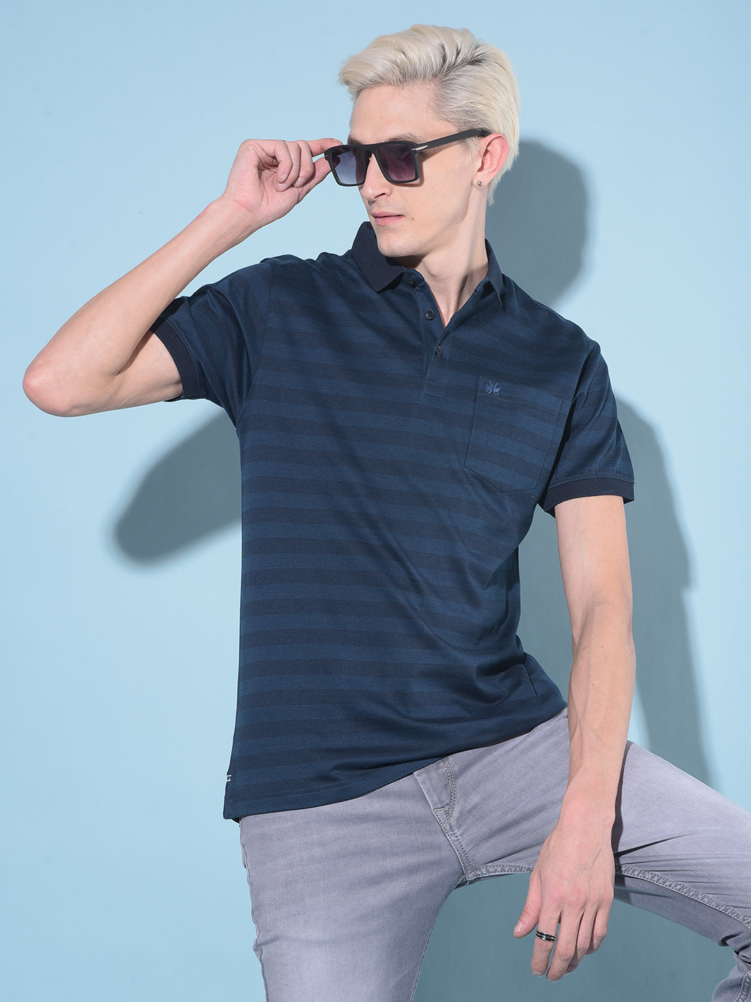 Navy Blue Horizontal Striped 100% Cotton Polo T-Shirt-Men T-Shirts-Crimsoune Club