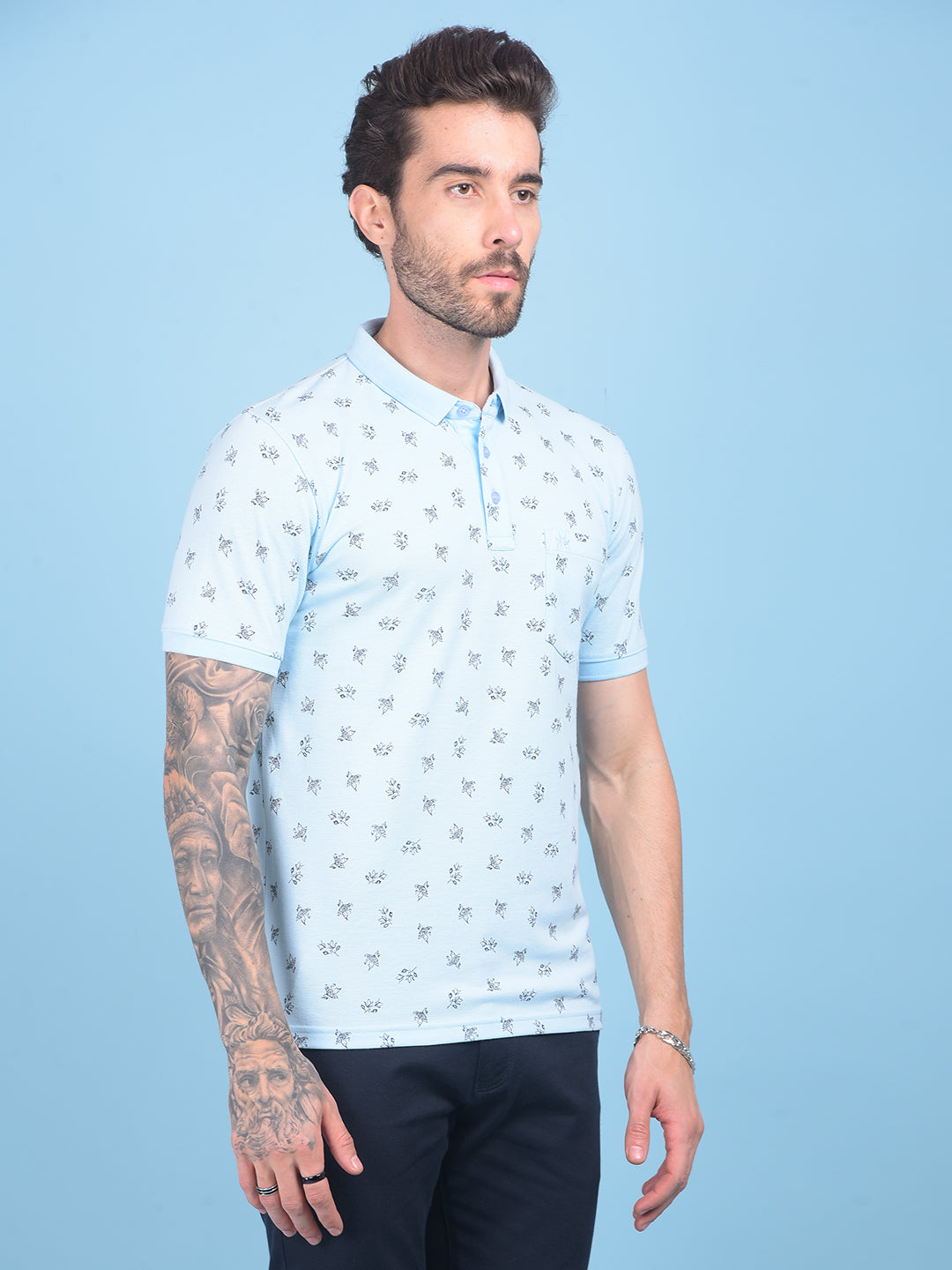 Blue Floral Print T-Shirt-Men T-shirts-Crimsoune Club