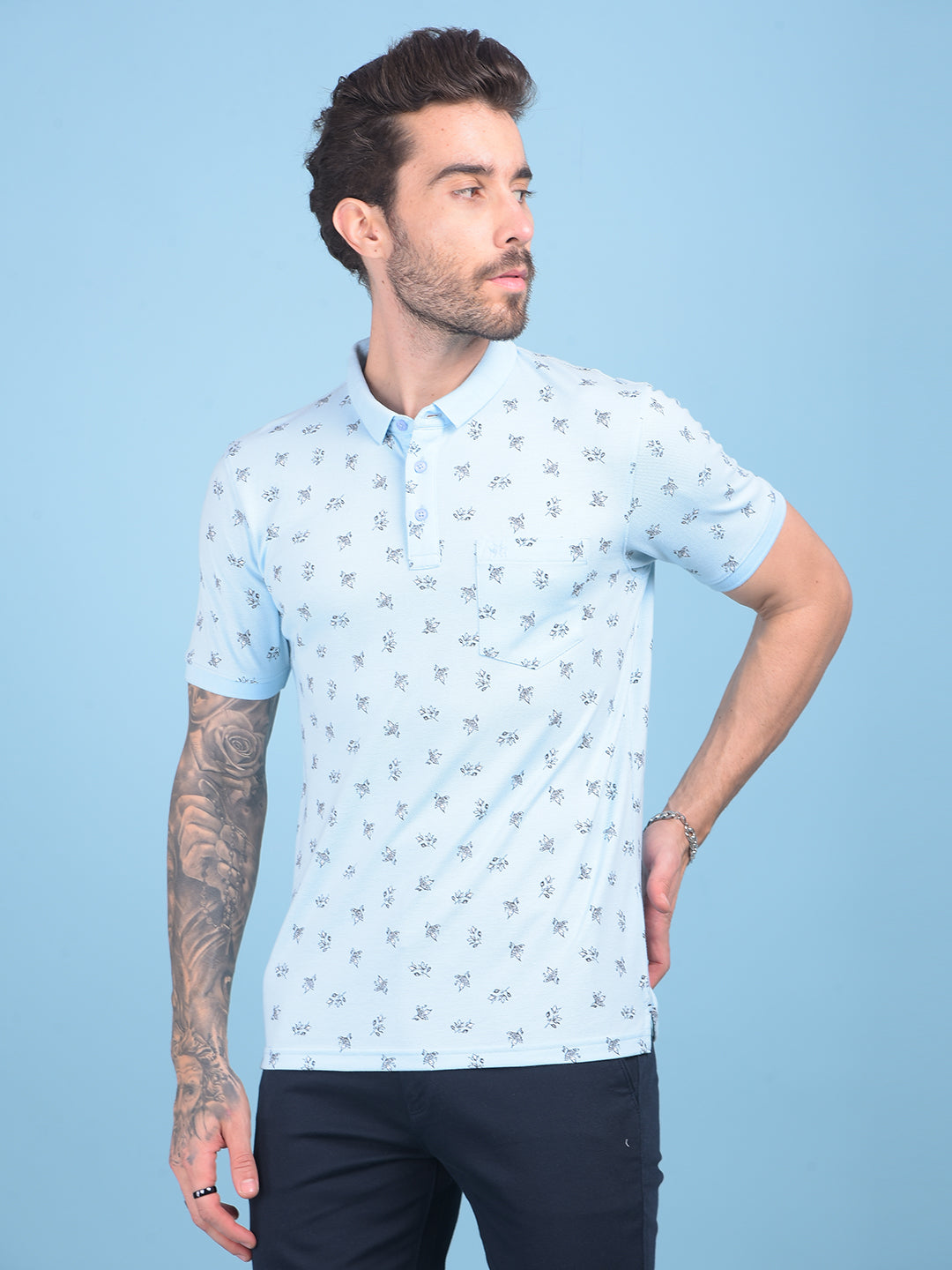 Blue Floral Print T-Shirt-Men T-shirts-Crimsoune Club